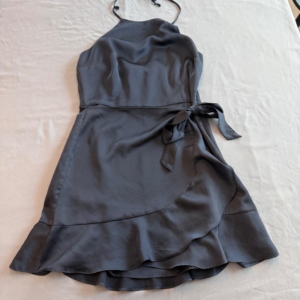 Abercrombie &‎ Fitch Black Satin Halter Mini Dress Faux Wrap Ruffle Hem Large